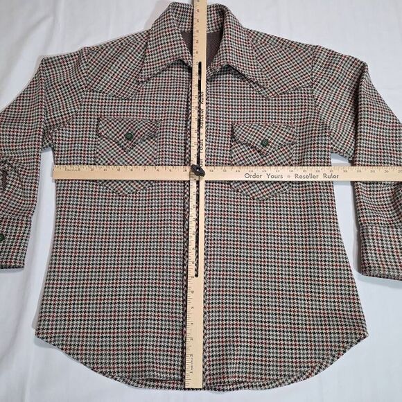 VINTAGE MENS MEDIUM 60'S 70'S POLY HEAVY LS SHIRT WING COLLAR HOUNDSTOOTH GREEN - Picture 7 of 8